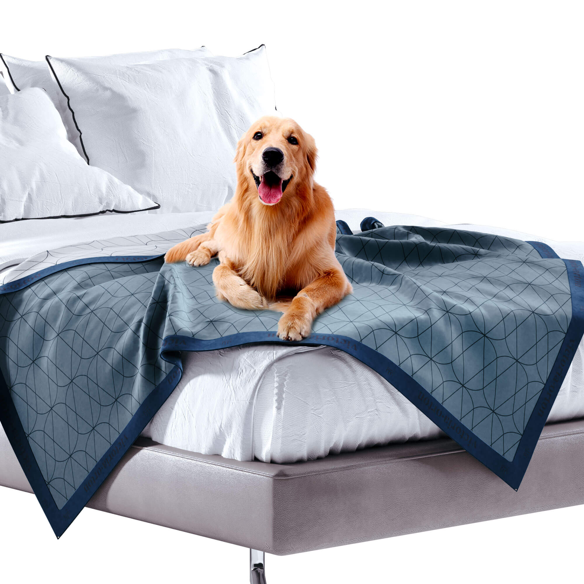 Luxury Waterproof Bed Blanket - Blue Trim - Blue/White